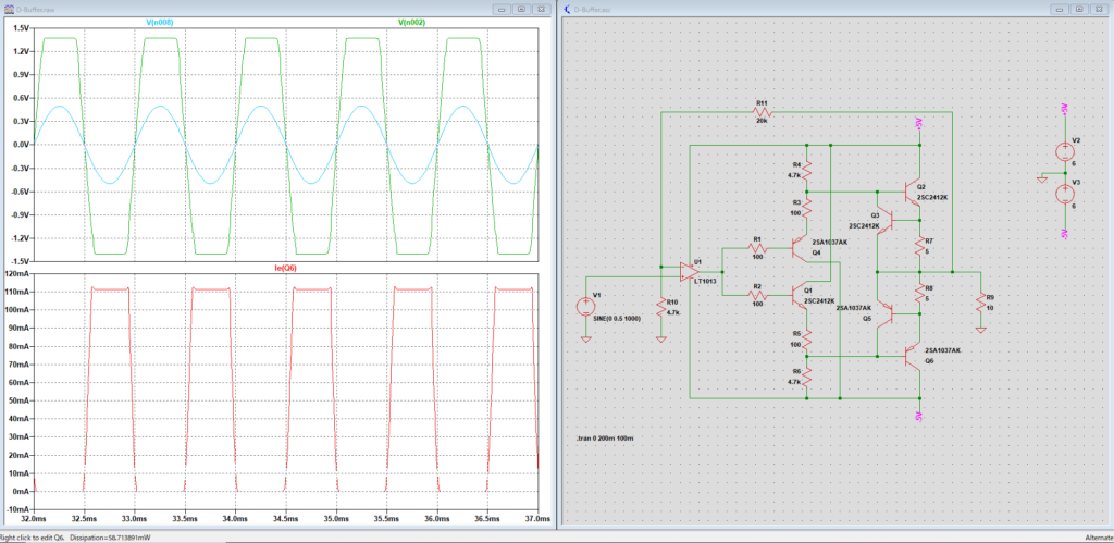 電流制限回路のシミュレーション（電源電圧±6V、RL=10Ω）