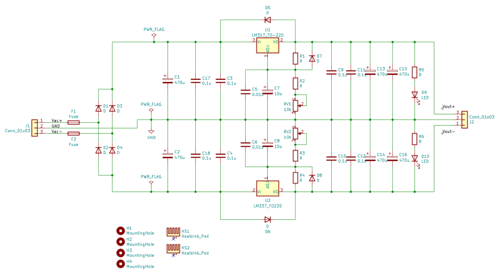 LM317、LM337の電源基板回路図