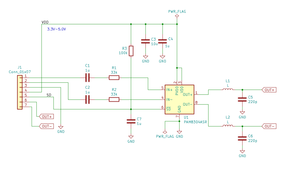 PAM8304を使用したパワーアンプ基板の回路図